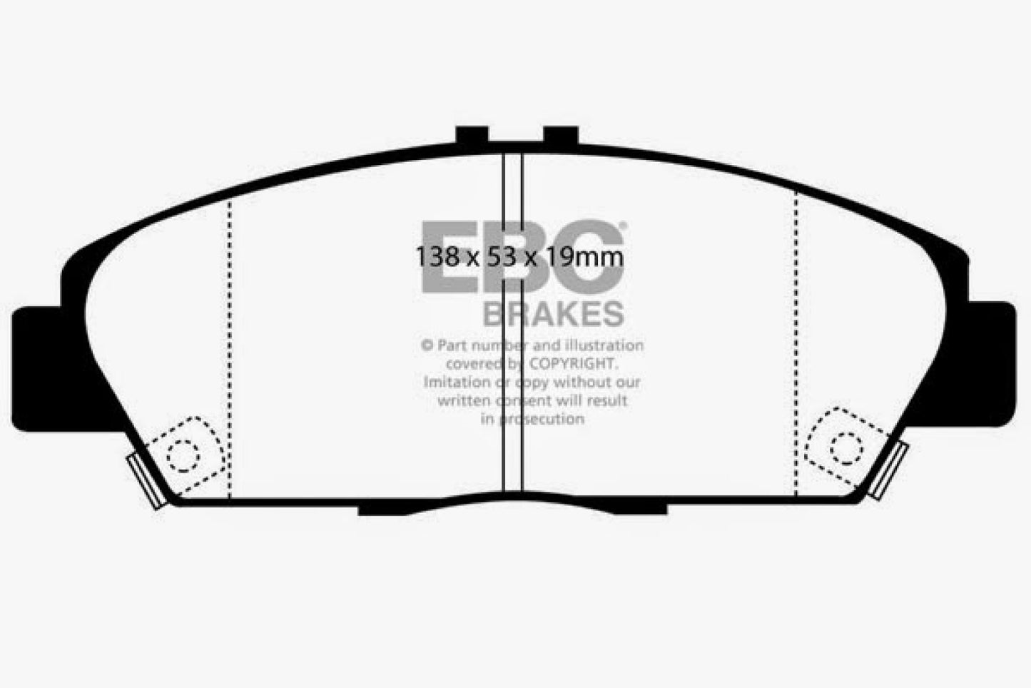 EBC Brakes Redstuff Ceramic Low Dust Brake Pads; FMSI Pad No. D568; Vented; 260mm Dia.; 47mm Height; 23mm Thick; 64mm Center Hole Dia.; Pad Dimensions: 138 x 53 x 19mm;