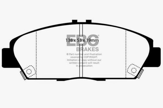 EBC Brakes Redstuff Ceramic Low Dust Brake Pads; FMSI Pad No. D568; Vented; 260mm Dia.; 47mm Height; 23mm Thick; 64mm Center Hole Dia.; Pad Dimensions: 138 x 53 x 19mm;