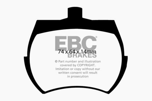 EBC Brakes Redstuff Ceramic Low Dust Brake Pads; FMSI Pad No. D061; Solid; 210mm Dia.; 60mm Height; 8mm Thick; 63.6mm Center Hole Dia.; Pad Dimensions: 74 x 64 x 14mm;