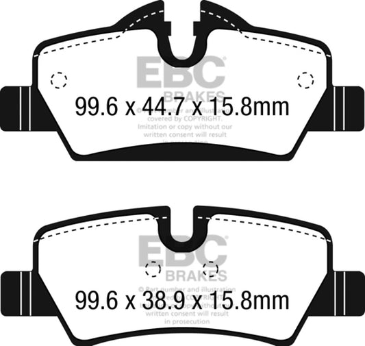 EBC Brakes Redstuff Ceramic Low Dust Brake Pads; FMSI Pad No. D1800; Solid; 259mm Dia.; 44mm Height; 10mm Thick; 64.1mm Center Hole Dia.; Pad Dimensions: 99.6 x 44.7 x 15.8mm;