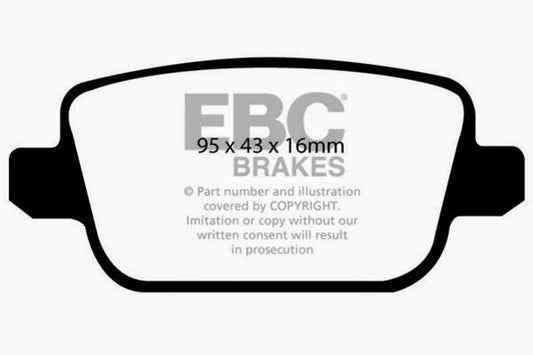 EBC Brakes Redstuff Ceramic Low Dust Brake Pads; FMSI Pad No. D1314; Solid; 302mm Dia.; 69mm Height; 12mm Thick; 63.5mm Center Hole Dia.; Pad Dimensions: 95 x 43 x 16mm;