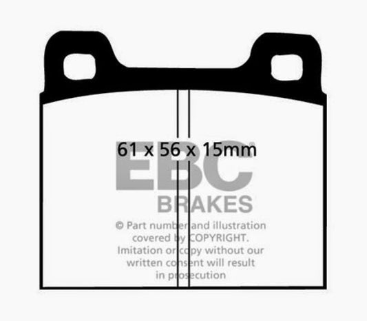 EBC Brakes Redstuff Ceramic Low Dust Brake Pads; FMSI Pad No. D031; Vented; 289mm Dia.; 71mm Height; 20mm Thick; 103mm Center Hole Dia.; Pad Dimensions: 61 x 56 x 15mm;