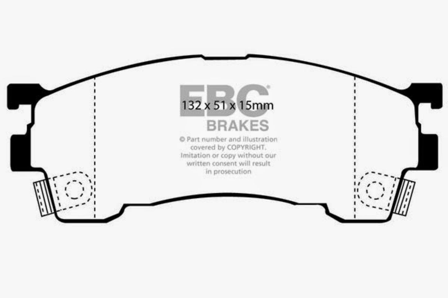 EBC Brakes Redstuff Ceramic Low Dust Brake Pads; FMSI Pad No. D637; Vented; 258mm Dia.; 47mm Height; 24mm Thick; 55mm Center Hole Dia.; Pad Dimensions: 132 x 51 x 15mm;