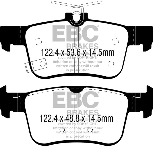 EBC Brakes Redstuff Ceramic Low Dust Brake Pads; FMSI Pad No. D1878; Solid; 282mm Dia.; 37mm Height; 10mm Thick; 64mm Center Hole Dia.; Pad Dimensions: 122.4 x 53.6 x 14.5mm;