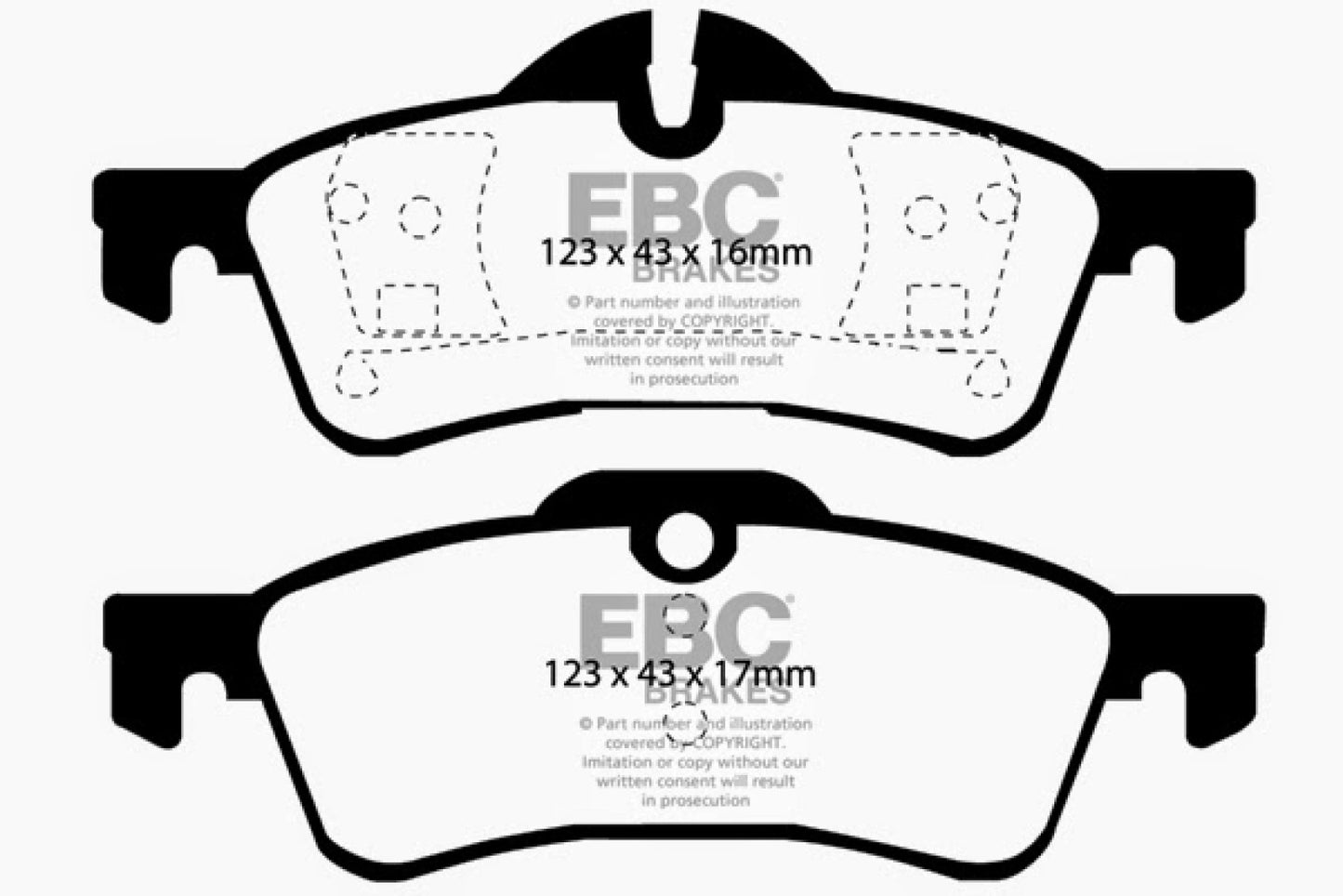 EBC Brakes Redstuff Ceramic Low Dust Brake Pads; FMSI Pad No. D1060; Solid; 259mm Dia.; 44mm Height; 10mm Thick; 64.1mm Center Hole Dia.; Pad Dimensions: 123 x 43 x 16mm;